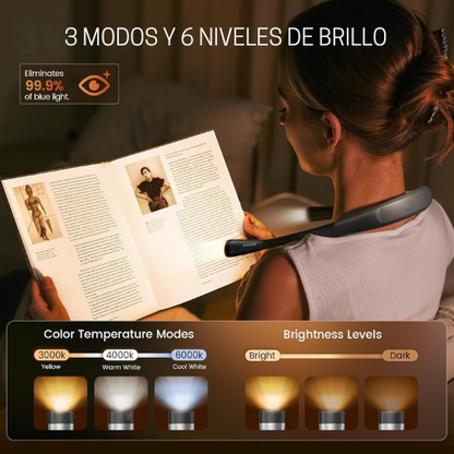 Luz de Lectura con Cuello Flexible y 3 Colores + 6 Niveles de Brillo