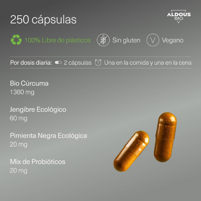 Cápsulas Veganas de Cúrcuma con Probióticos, Jengibre y Pimienta Negra – 1460 mg – Antiinflamatorio Natural