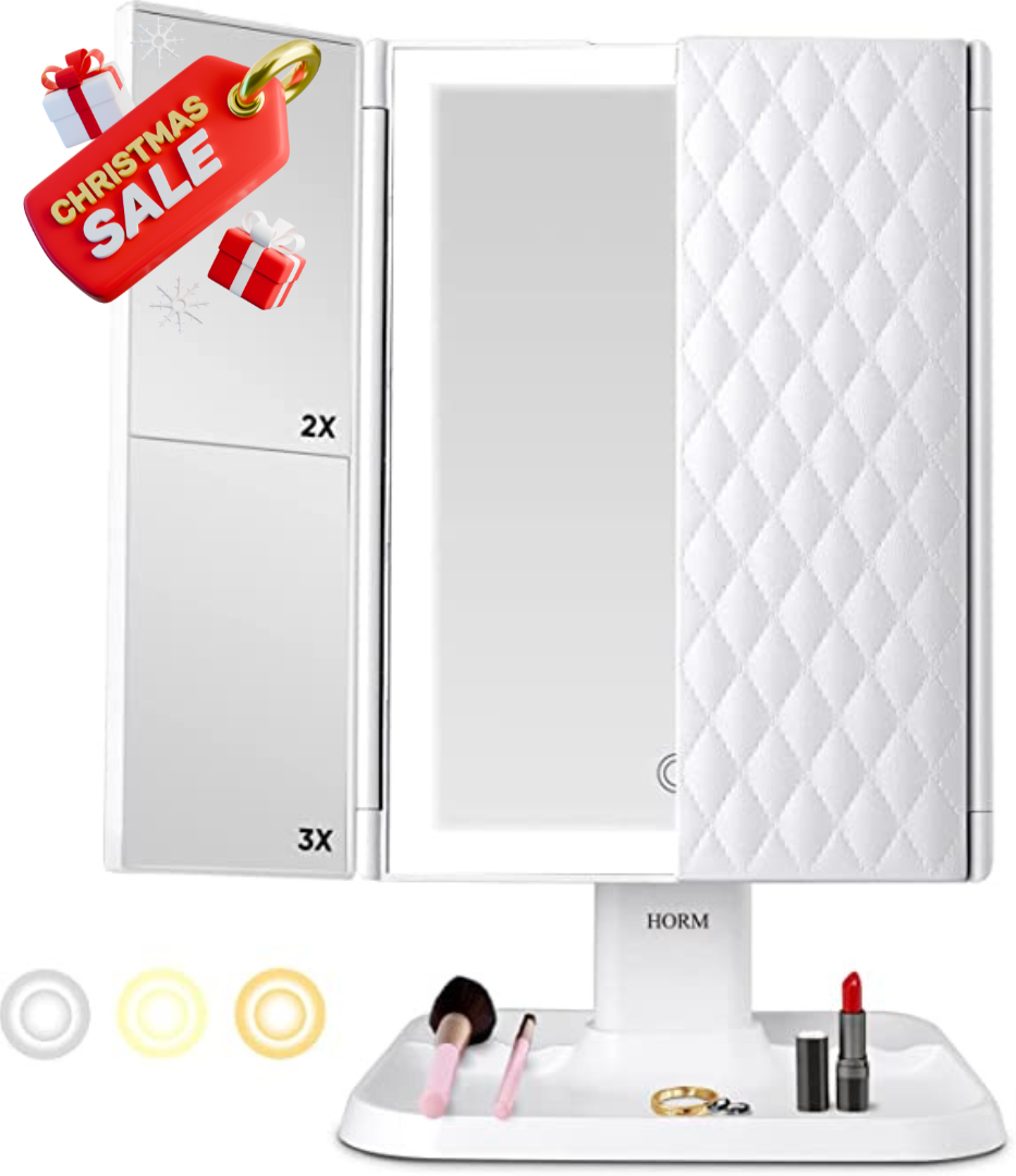 Espejo de maquillaje LED plegable en tres partes