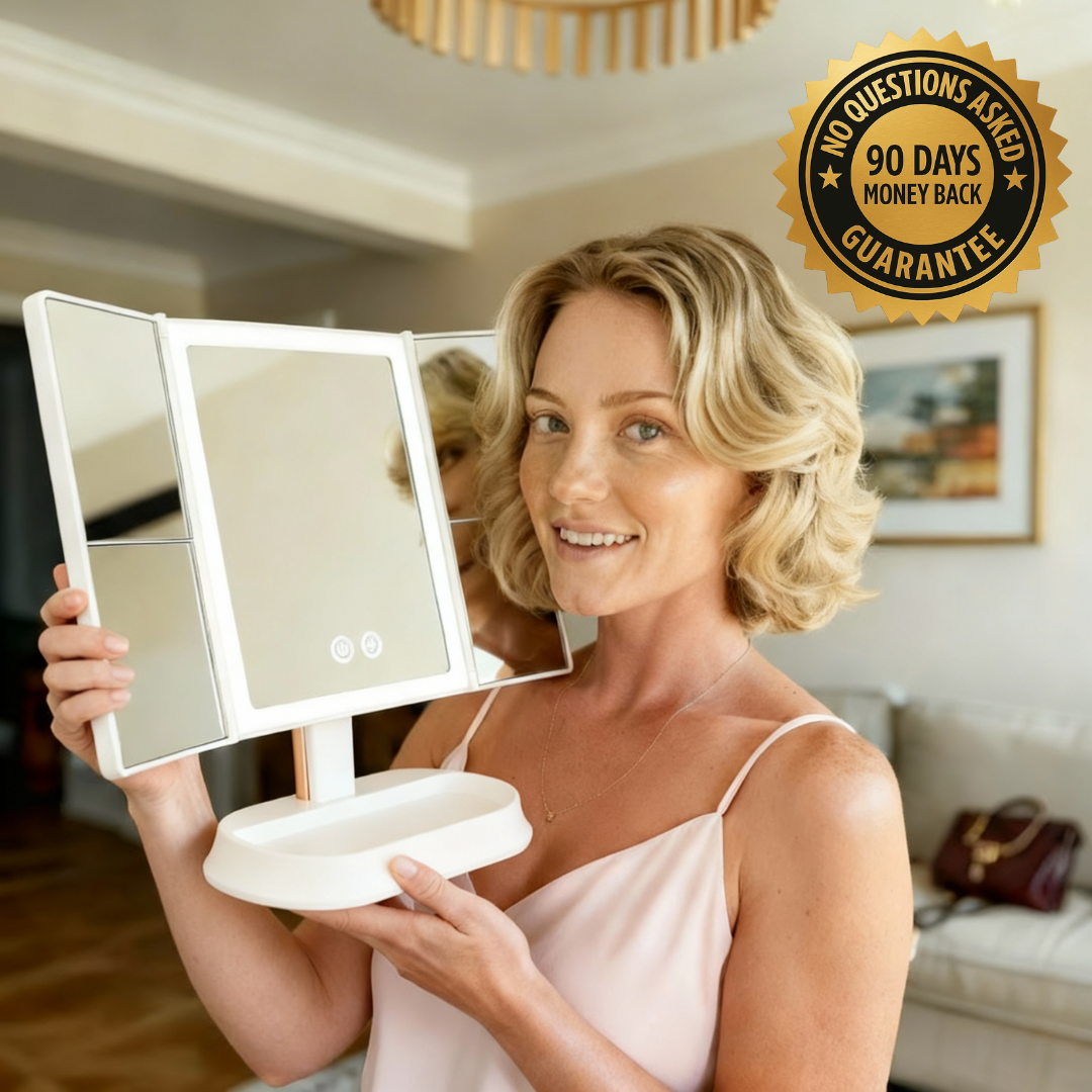 Espejo de maquillaje LED plegable en tres partes