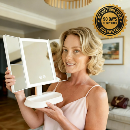 Espejo de maquillaje LED plegable en tres partes