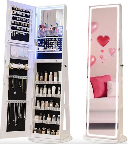 Joyero móvil de pie con espejo LED, organizador giratorio 360°😍