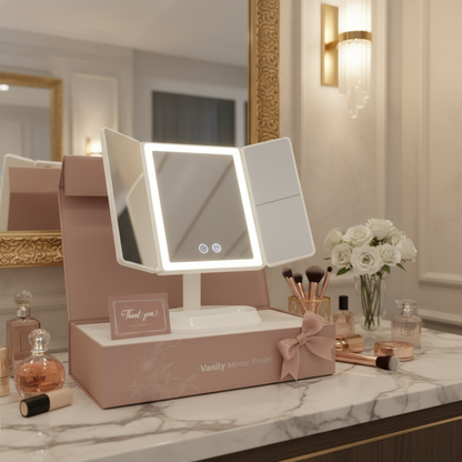 Espejo de maquillaje LED plegable en tres partes
