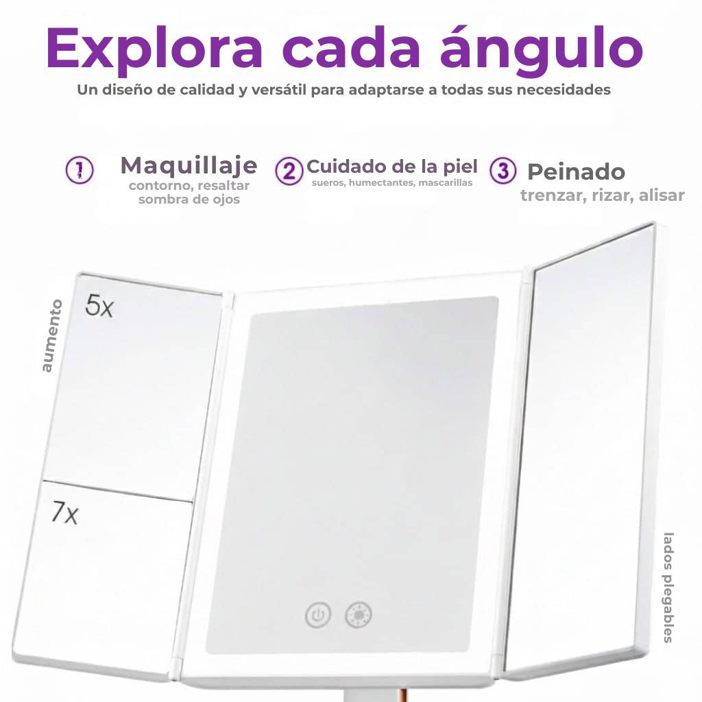 Espejo de maquillaje LED plegable en tres partes
