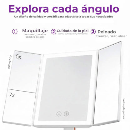 Espejo de maquillaje LED plegable en tres partes