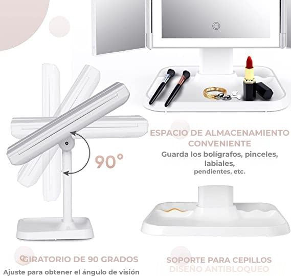 Espejo de maquillaje LED plegable en tres partes