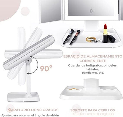 Espejo de maquillaje LED plegable en tres partes
