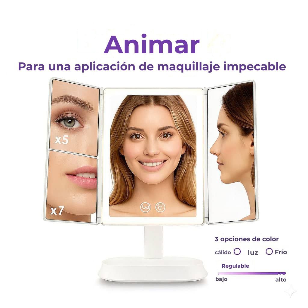 Espejo de maquillaje LED plegable en tres partes