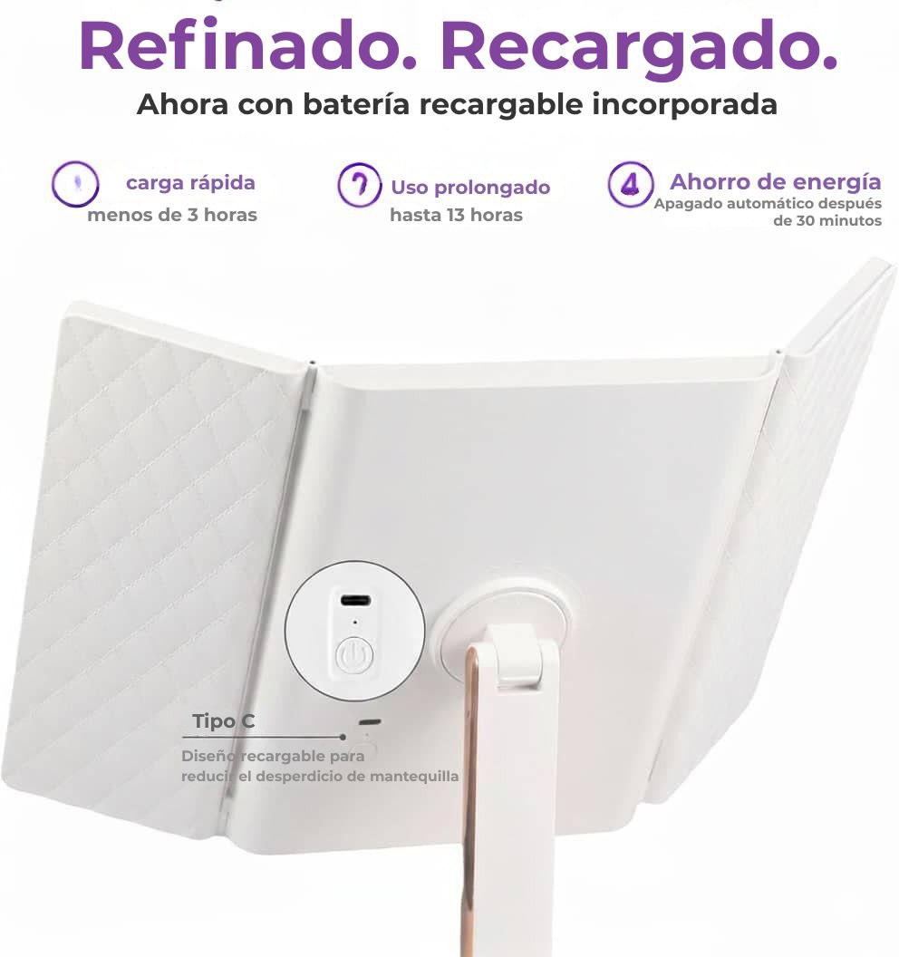 Espejo de maquillaje LED plegable en tres partes