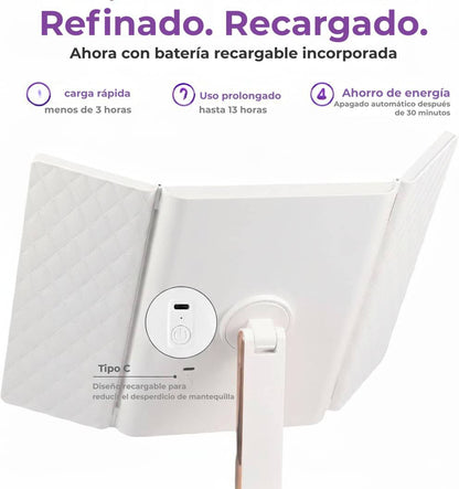 Espejo de maquillaje LED plegable en tres partes