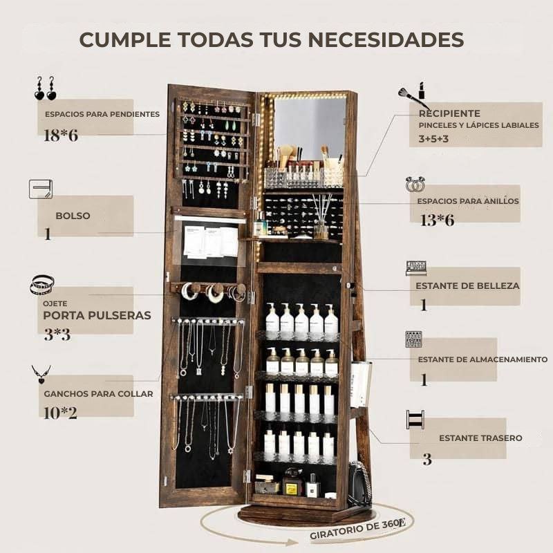 Joyero móvil de pie con espejo LED, organizador giratorio 360°😍