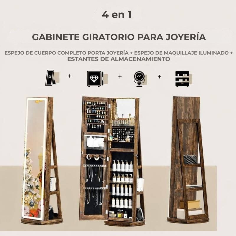 Joyero móvil de pie con espejo LED, organizador giratorio 360°😍