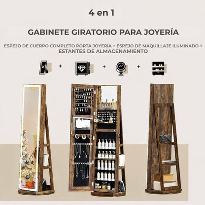 Joyero móvil de pie con espejo LED, organizador giratorio 360°😍