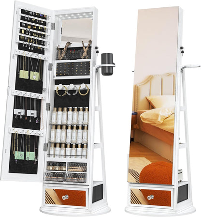 Joyero móvil de pie con espejo LED, organizador giratorio 360°😍